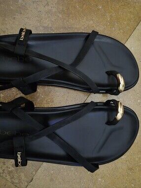 bebe Black Strappy Toe-Ring Sandals with Gold Hardware